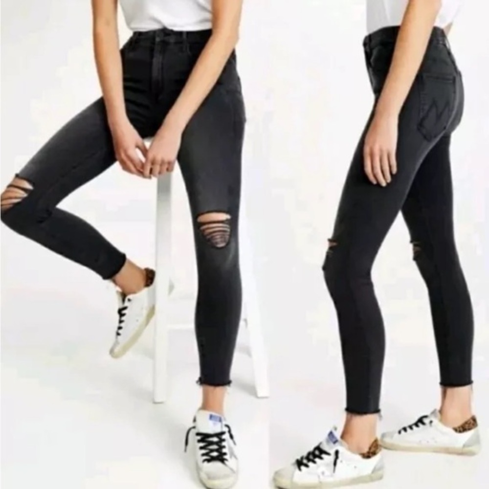 MOTHER Black Looker Ankle Fray Skinny Jeans Guilty as Sin | Sz 26 | Distressed